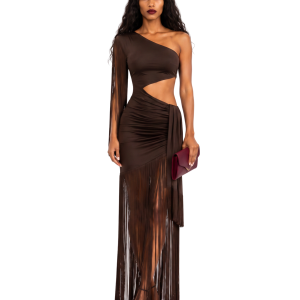 One-Shoulder Fringe Cutout Maxi Dress